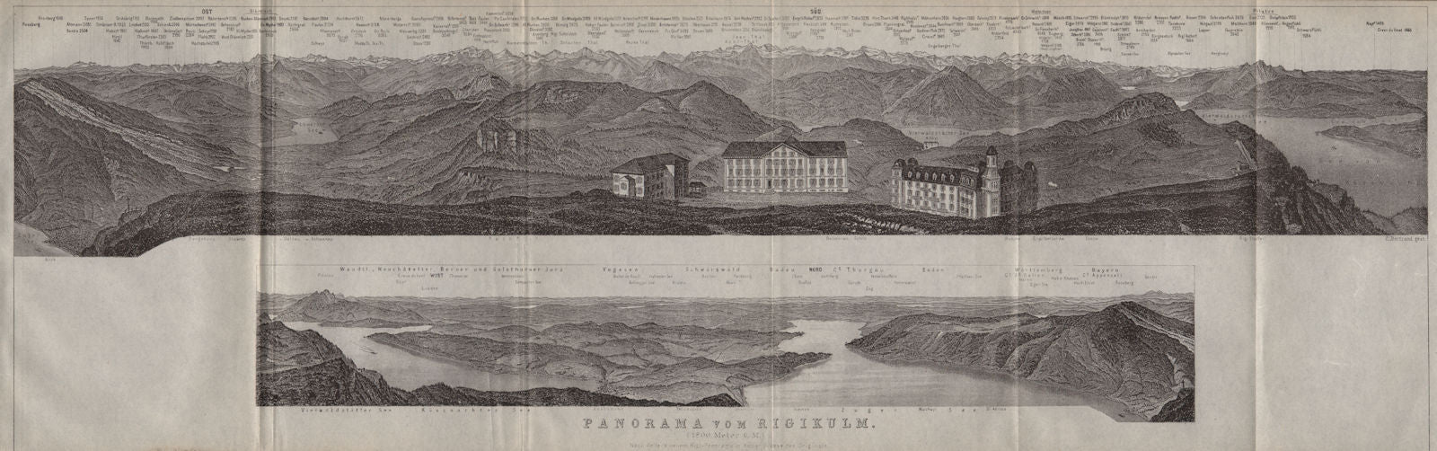 PANORAMA from/von RIGIKULM 1800m. Küssnacht. Switzerland Schweiz 1909 old map